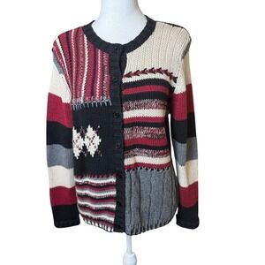 Vtg Cabin Creek Chunky Knit Cardigan Cream Black Red Medium Petite Cabincore